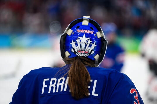 The back of goaltender Aerin Frankel of USA in the women's