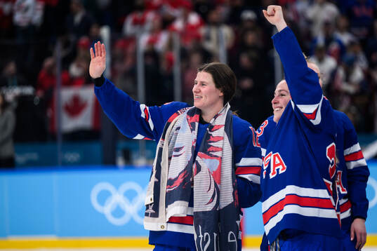 Kelly Pannek and Abbey Murphy of USA celebrate