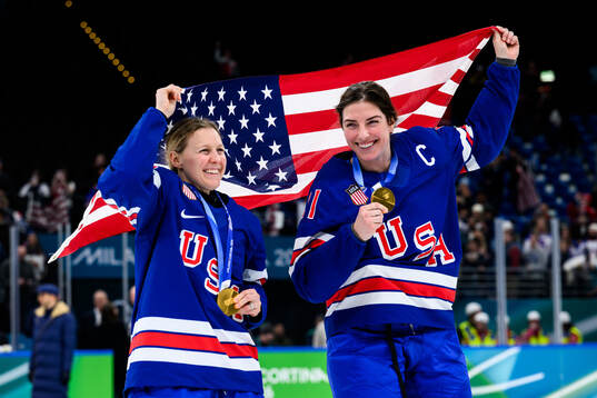 Kendall Coyne and Hilary Knight of USA celebrate