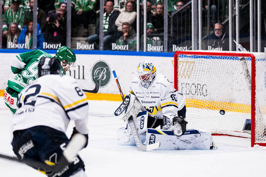 Rögles Mark Friedman och HV71s målvakt Felix Sandström