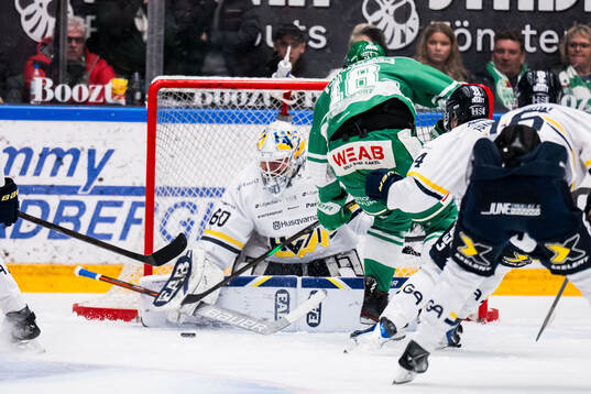 HV71s målvakt Felix Sandström och Rögles Dennis Everberg