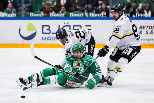 HV71s Hampus Eriksson och Rögles Karson Kuhlman och HV71s