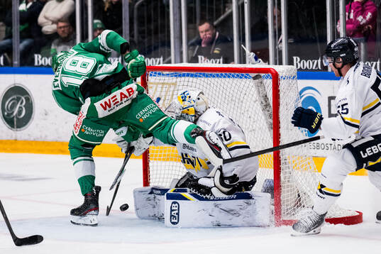Rögles Dennis Everberg och HV71s målvakt Felix Sandström