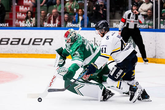 Rögles målvakt Arvid Holm och HV71s Riley Woods