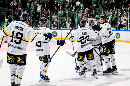 HV71s målvakt Felix Sandström jublar med lagkamraterna