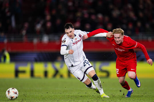 Nadir Zortea of Bologna and Markus Haaland of Brann