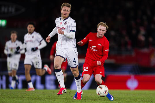 Tommaso Pobega of Bologna and Markus Haaland of Brann