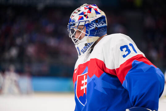 Goaltender Samuel Hlavaj of Slovakia in the men's ice