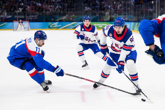 Milos Kelemen of Slovakia and Jack Hughes of USA in the