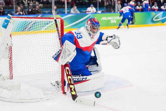 Goaltender Stanislav Skorvanek of Slovakia in the men's ice
