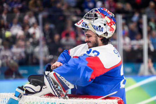 Goaltender Stanislav Skorvanek of Slovakia in the men's ice