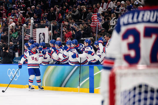 Dylan Larkin of USA celebrates the 1-0 goal in the men's