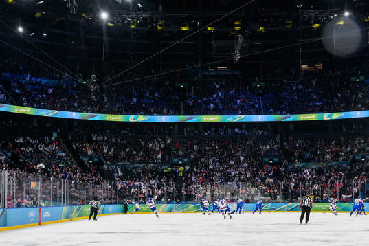 Dylan Larkin of USA celebrates the 1-0 goal in the men's