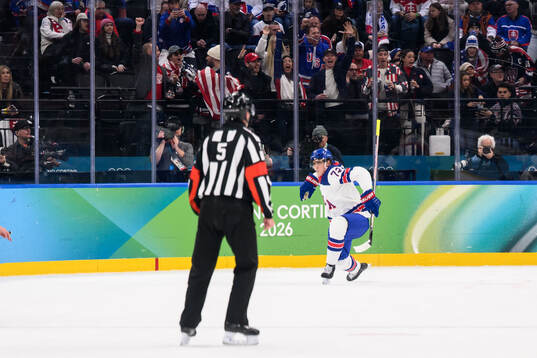 Tage Thompson of USA celebrates the 2-0 goal in the men's