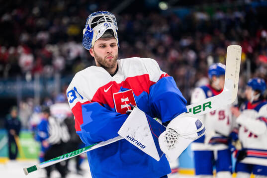 Goaltender Samuel Hlavaj of Slovakia in the men's ice