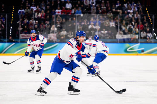 Jake Sanderson of USA in the men's ice hockey semifinal