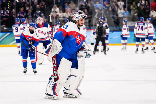 Goaltender Stanislav Skorvanek of Slovakia looks dejected