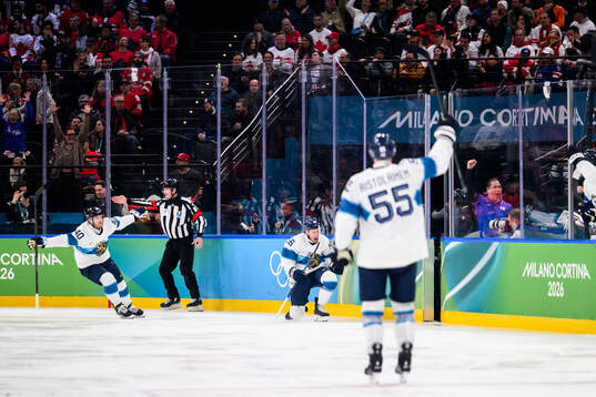 Joel Armia, Erik Haula and Rasmus Ristolainen of Finland