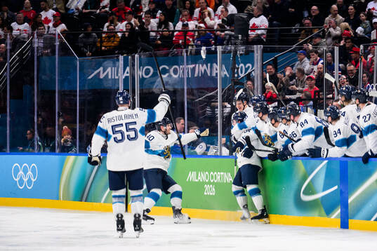 Joel Armia, Erik Haula and Rasmus Ristolainen of Finland