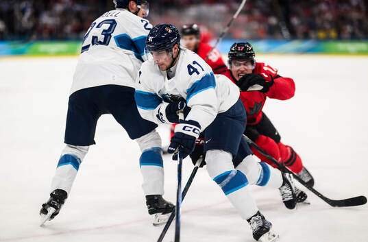 Miro Heiskanen of Finland in the men's ice hockey semifinal