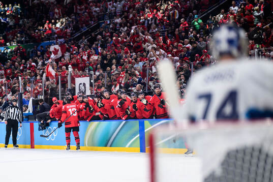 Sam Reinhart of Canada celebrates the 1-2 goal in the men's