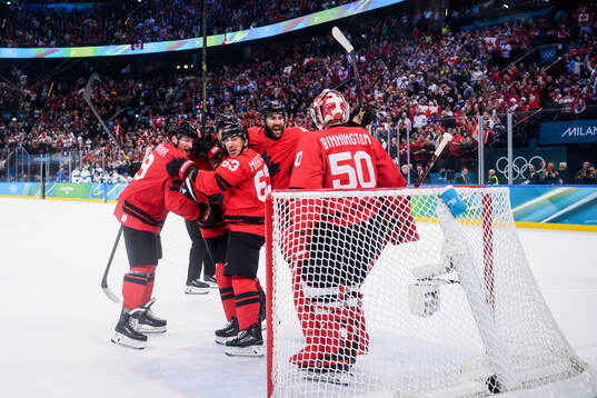 Cale Makar, Brad Marchand, Tom Wilson and goaltender Jordan