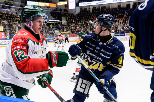 Frölundas Max Friberg och HV71s Hugo Fransson