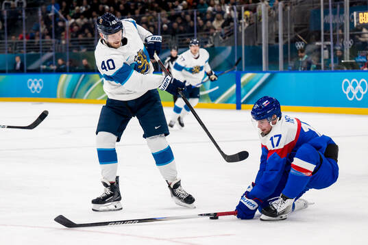 Joel Armia of Finland and Simon Nemec of Slovakia in the