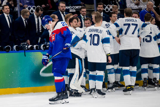 Juraj Slafkovsky of Slovakia looks dejected