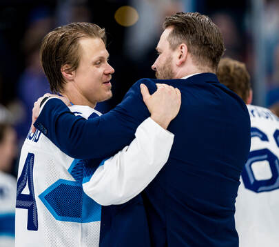 Mikael Granlund and Head coach Antti Pennanen of Finland