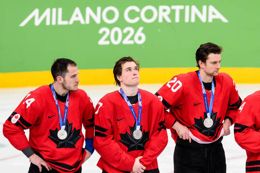 Bo Horvat, Macklin Celebrini and Thomas Harley of Canada