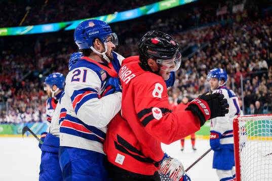 Dylan Larkin of USA and Cale Makar of Canada in the men's