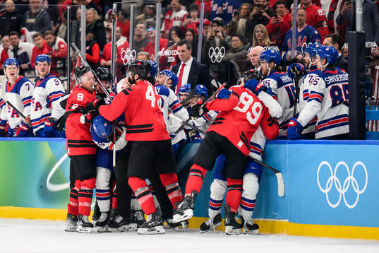 Sam Bennett, Tom Wilson and Drew Doughty of Canada against
