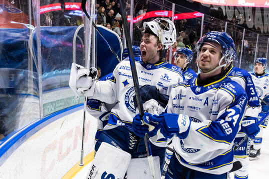 Leksands målvakt Filip Larsson och Arvid Eljas jublar