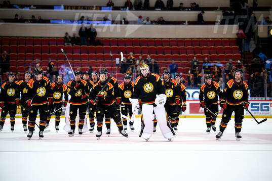 Brynäs målvakt Damian Clara jublar med lagkamrater