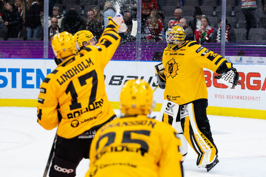 Skellefteås målvakt Strauss Mann jublar med lagkamrater