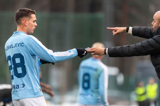 Malmö FFs Jovan Milosavljevic och huvudtränare Miguel