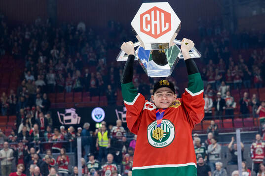 Filip Cederqvist of Frölunda celebrates with the trophy