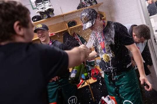 Max Lindholm and Ivar Stenberg of Frölunda celebrate