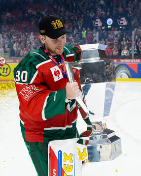 Goaltender Tobias Normann of Frölunda celebrates with the
