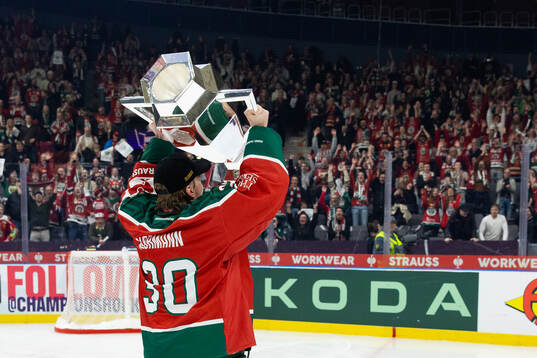 Goaltender Tobias Normann of Frölunda celebrates with the
