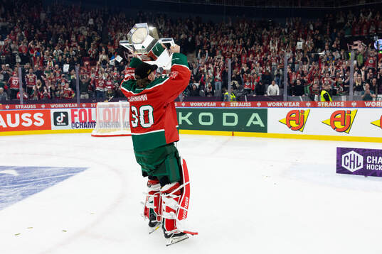 Goaltender Tobias Normann of Frölunda celebrates with the
