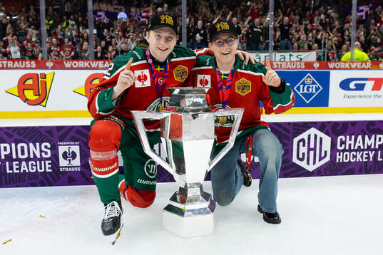 Noah Hasa and Filip Hasa of Frölunda celebrate with the