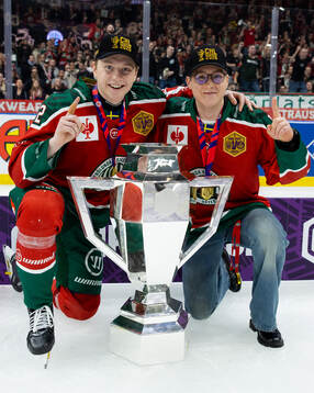 Noah Hasa and Filip Hasa of Frölunda celebrate with the