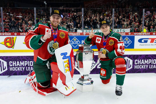 Goaltender Tobias Normann and Dominik Egli  of Frölunda