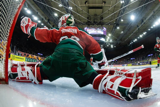 Goaltender Tobias Normann of Frölunda with a glove save