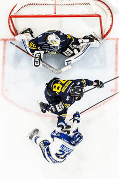 HV71s målvakt Felix Sandström och HV71s Justin Glenn