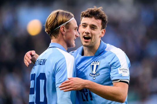 Malmö FFs Erik Botheim jublar med Colin Rösler
