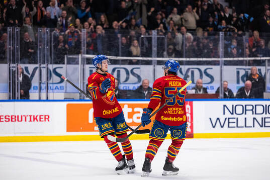 Djurgårdens Håvard Salsten jublar med Charles Hudon