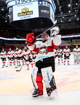 Malmö Redhawks målvakt Oskar Blomgren jublar